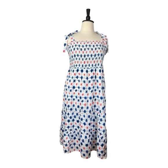 J. Crew Dress Smocked Tie Sleeves Sundress Red Blue Stars Women’s Plus Size 2X - Picture 3 of 14